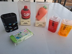 Different types of Sharpners from R6.50 to R25.00 each and pen eraser R9